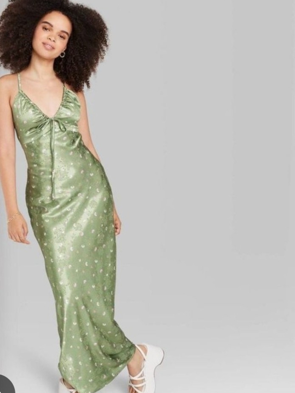 0402 wild fable Light Green Satin Maxi Slip Dress with Tie Front